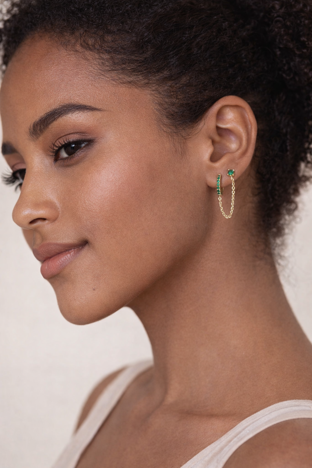 14K Gold Double Piercing Dangle Chain Huggies Hoop Earrings