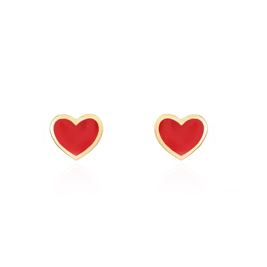 14K Red Enamel Heart Stud Earrings