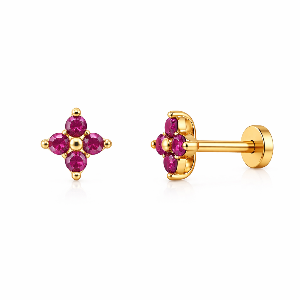 14k Tube Gold Flower Stud