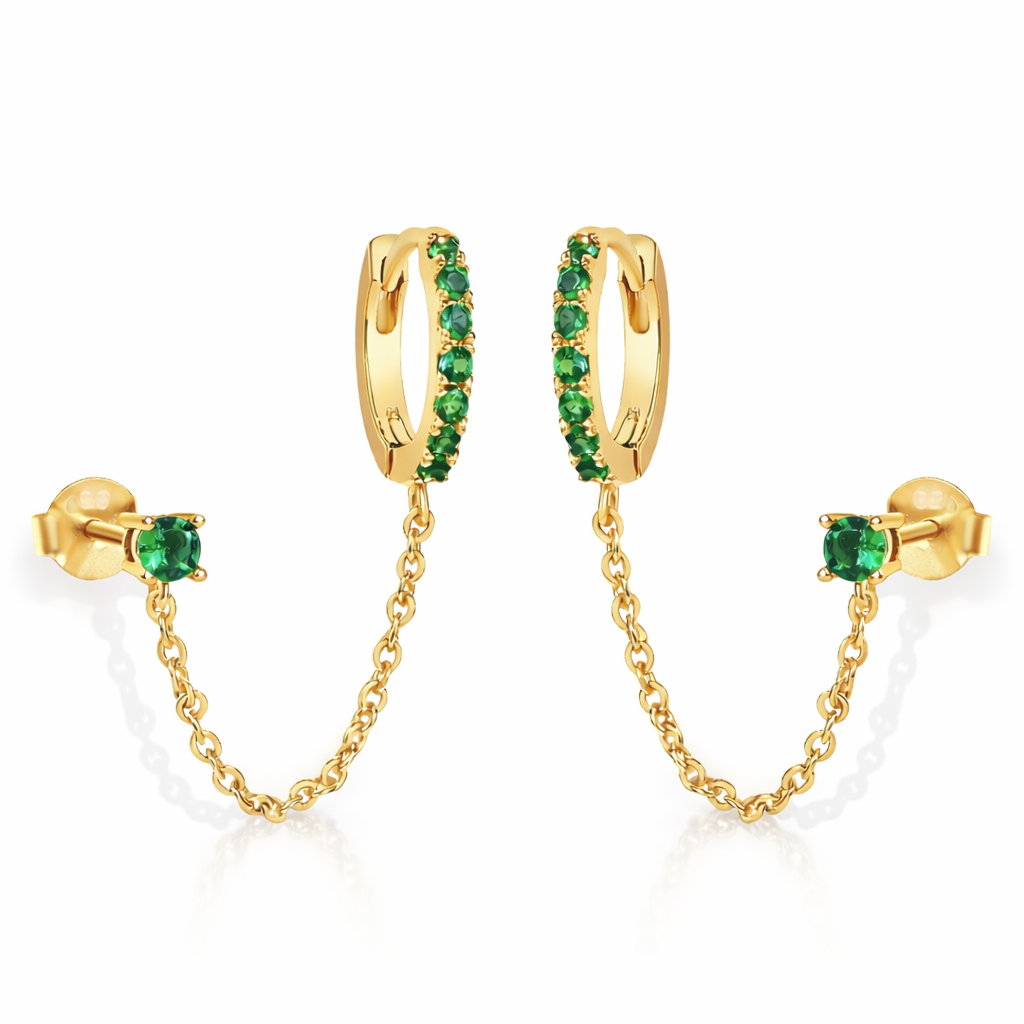 14K Gold Double Piercing Dangle Chain Huggies Hoop Earrings