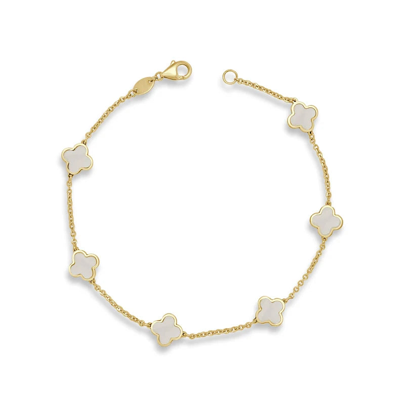 14K Gold Mother of Pearl Clover Bracelet 7"