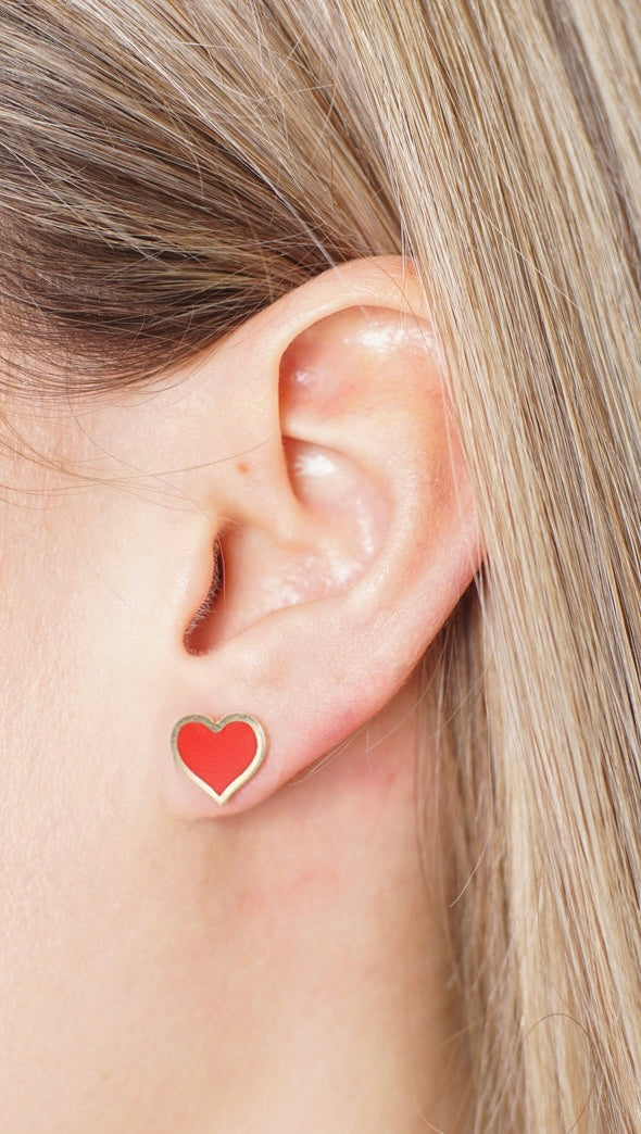 14K Red Enamel Heart Stud Earrings