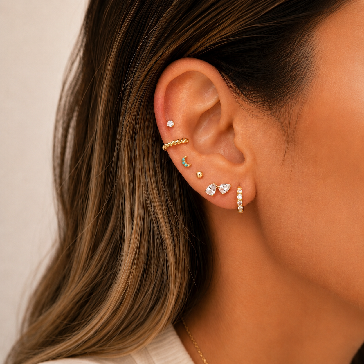 14K Turquoise Crescent Moon Stud