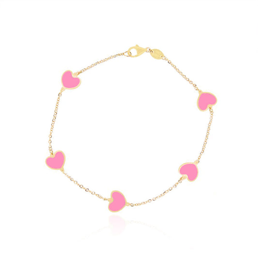 14K Gold Pink Heart Station Bracelet