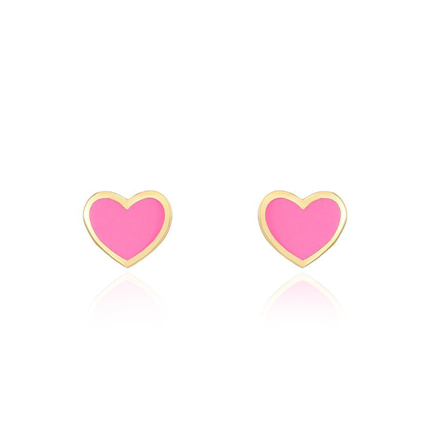 14K Pink Enamel Heart Stud Earrings