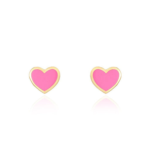 14K Pink Enamel Heart Stud Earrings