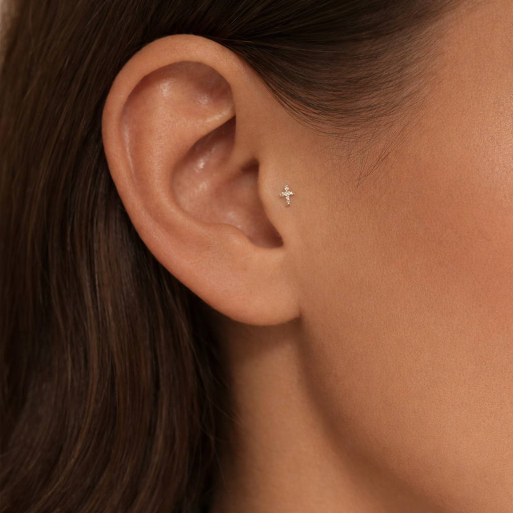 14K Tube Gold CZ Cross Stud