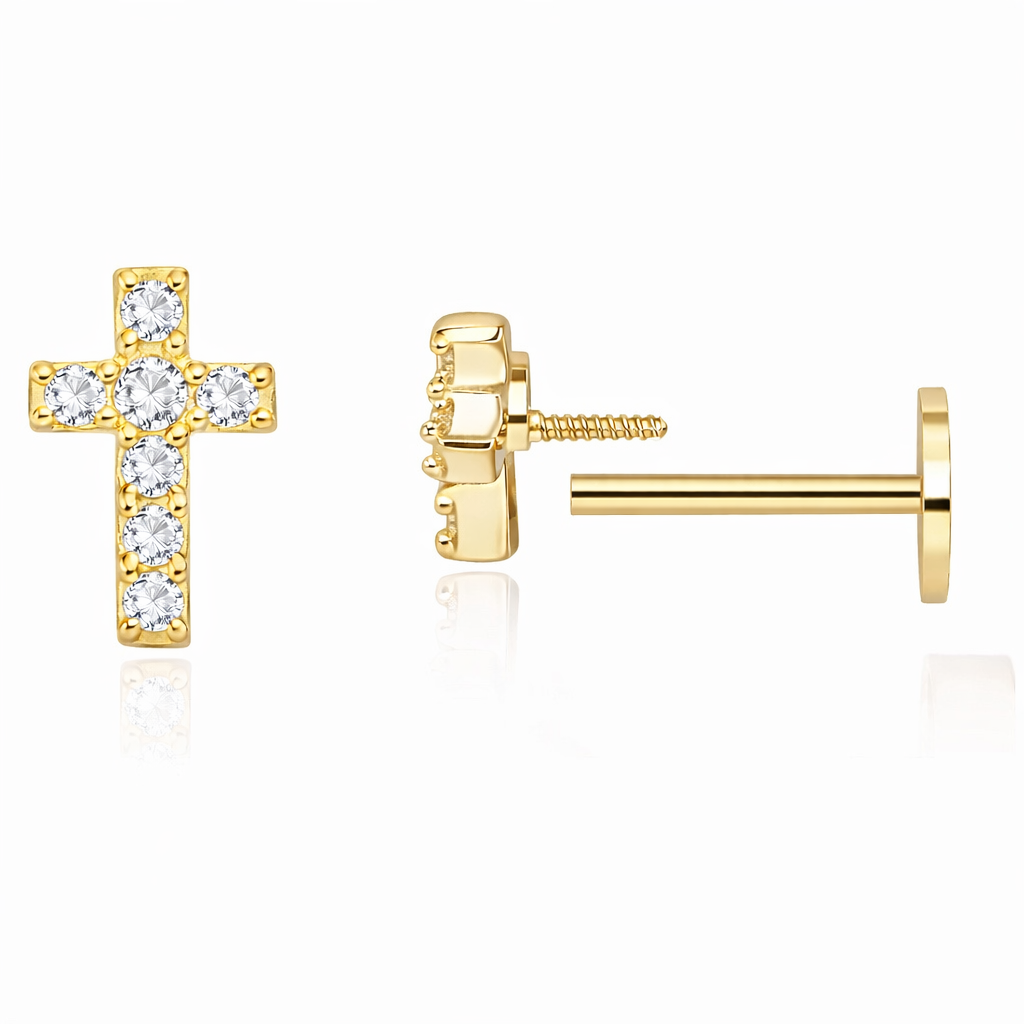 14K Tube Gold CZ Cross Stud