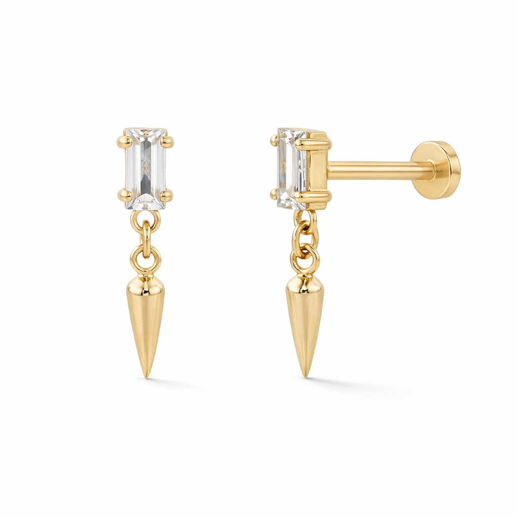 14K Gold Baguette and Spike Dangle Stud