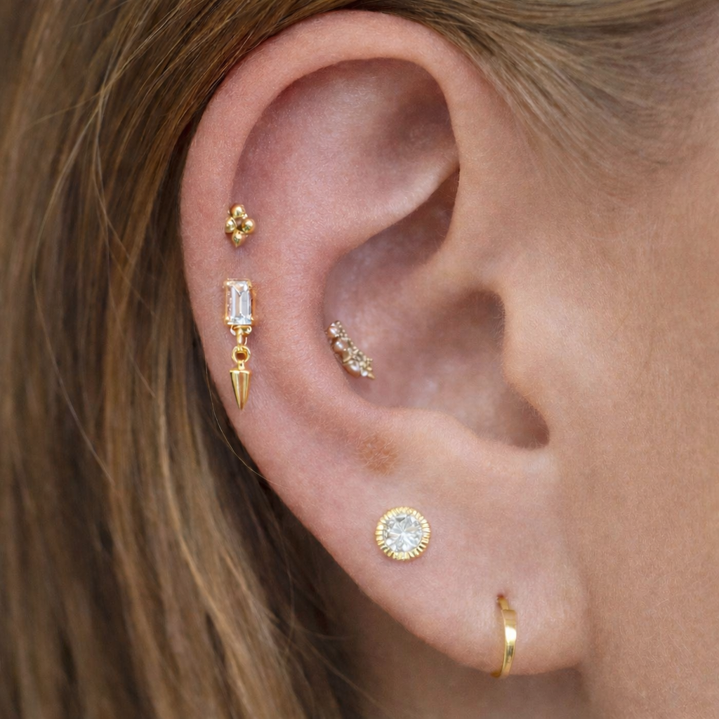 14K Gold Baguette and Spike Dangle Stud
