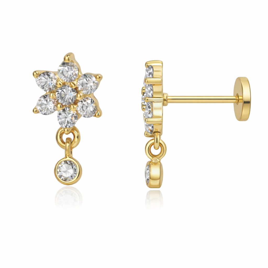 14K Tube Gold CZ Flower Dangle Stud