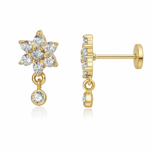 14K Tube Gold CZ Flower Dangle Stud