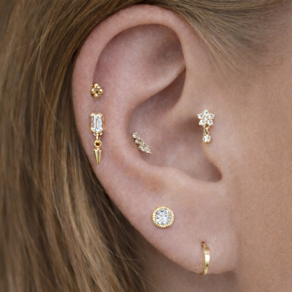 14K Tube Gold CZ Flower Dangle Stud